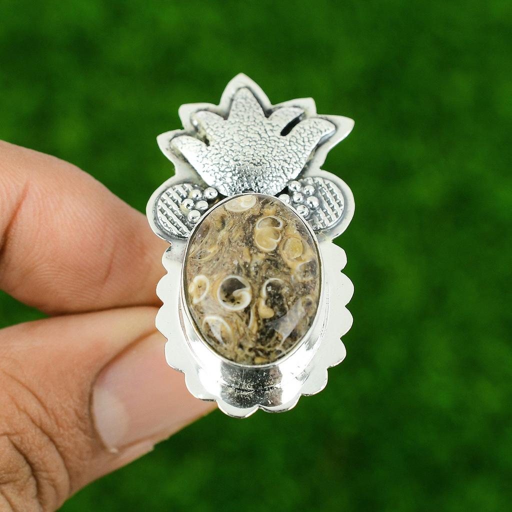 Turritella Agate Stone Sterling Silver Engagement Unique Statement Ring Jewelry