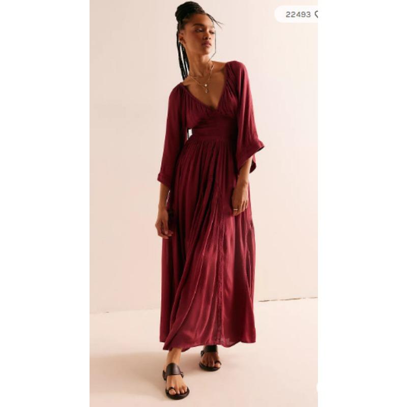 Women's New V-neck Mid-length Sleeve Holiday Beach Dress Slim Fashion Versatile Casual Solid Colour Dresses