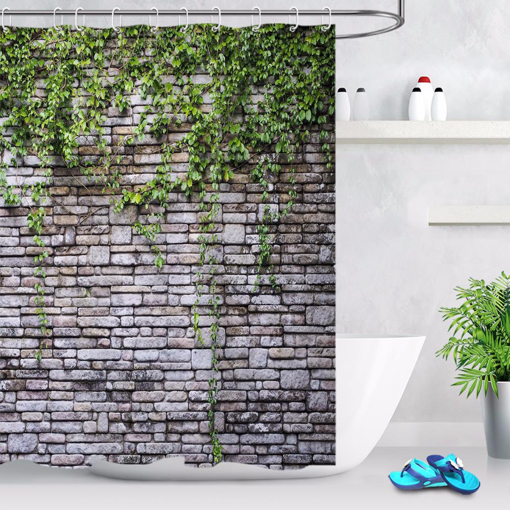 Stone Brick Wall Shower Curtain,Ivy Green Leaves Climbing On Rustic Marble Rocks Stone Wall Fabric Bathroom Shower Curtains