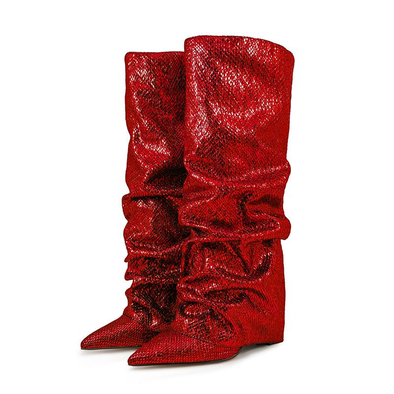 Krokodilmuster Damen High Boots Spitzschuh Leopardenmuster Keilschuhe Retro Schlupf-Muster Ärmel Kniehoch Plissee Stiefel