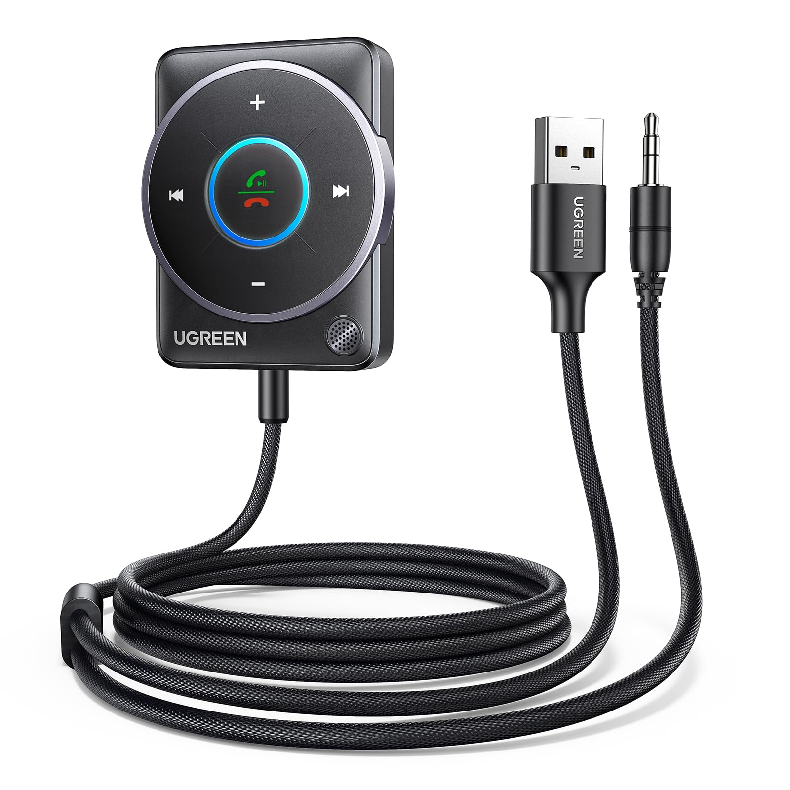 UGREEN Новейший автомобильный Bluetooth-приемник с функцией шумоподавления и AUX-входом для автомобиля и стереосистемы, не требует зарядки, 5,4 ГГц, [улучшенный]
