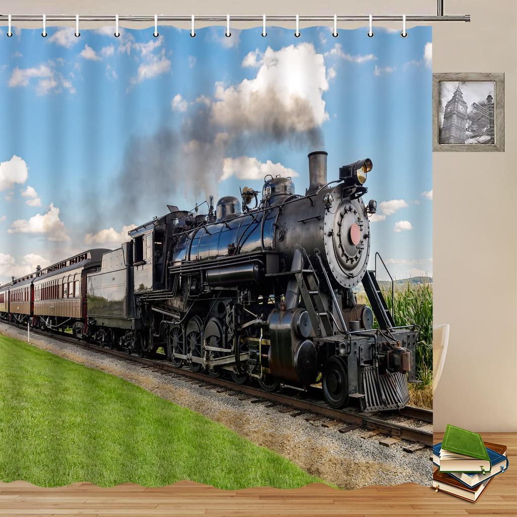 Vintage Industrial Steam Engine Shower Curtain Antique Old Times Locomotive On Rail Road Retrotrain Station Bathroom Curtain