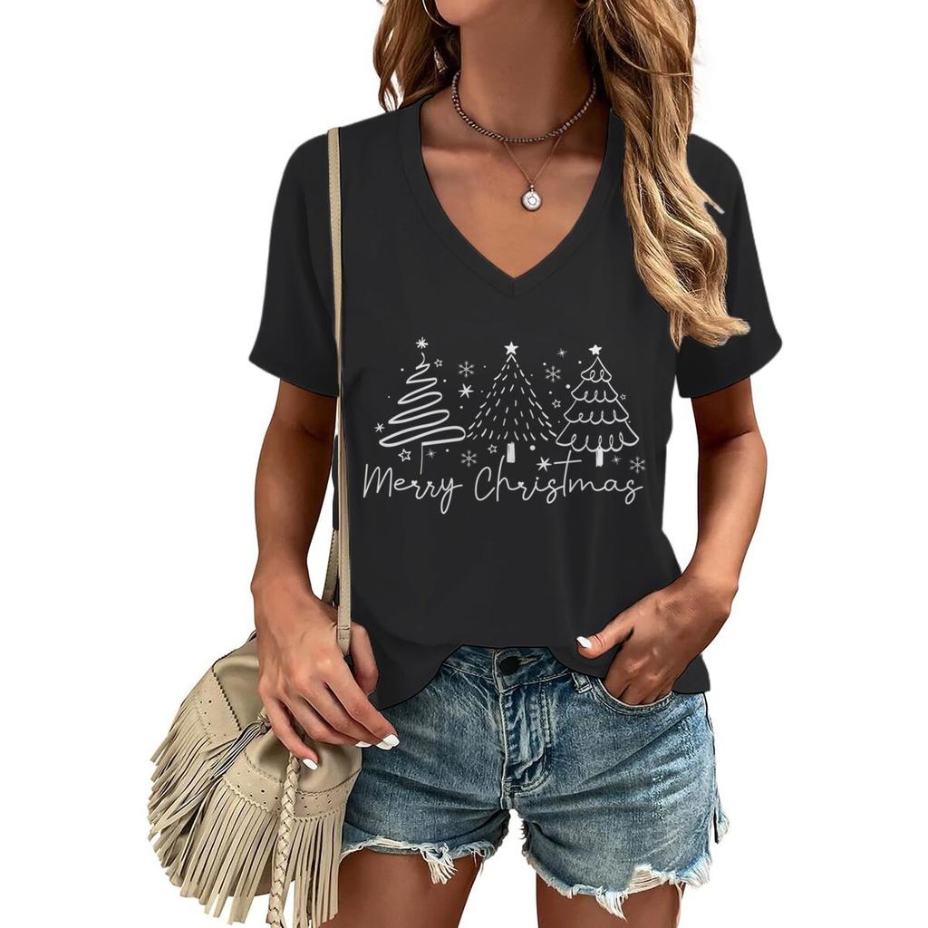 Merry Christmas Tree Trending Tshirts for Women Vneck Christmas Tree Design Holiday Clothes Funny Festive Fashion Casual Tops