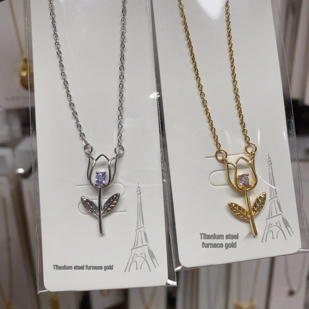 Titanstahl Rose Tulpe Zirkon Anhänger Halskette - Europäisch Amerikanischer Modeschmuck, Leichter Luxus Schlüsselbein Kette