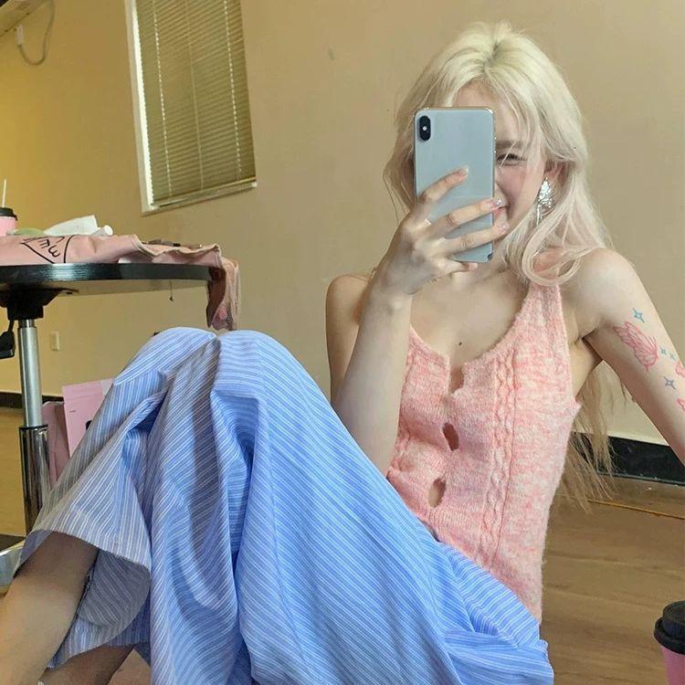 Dopamine Pink Hollow-out Knitted Vest Women's Summer Sweet Inner Wear Outerwear Vest Layered Camisole Top
