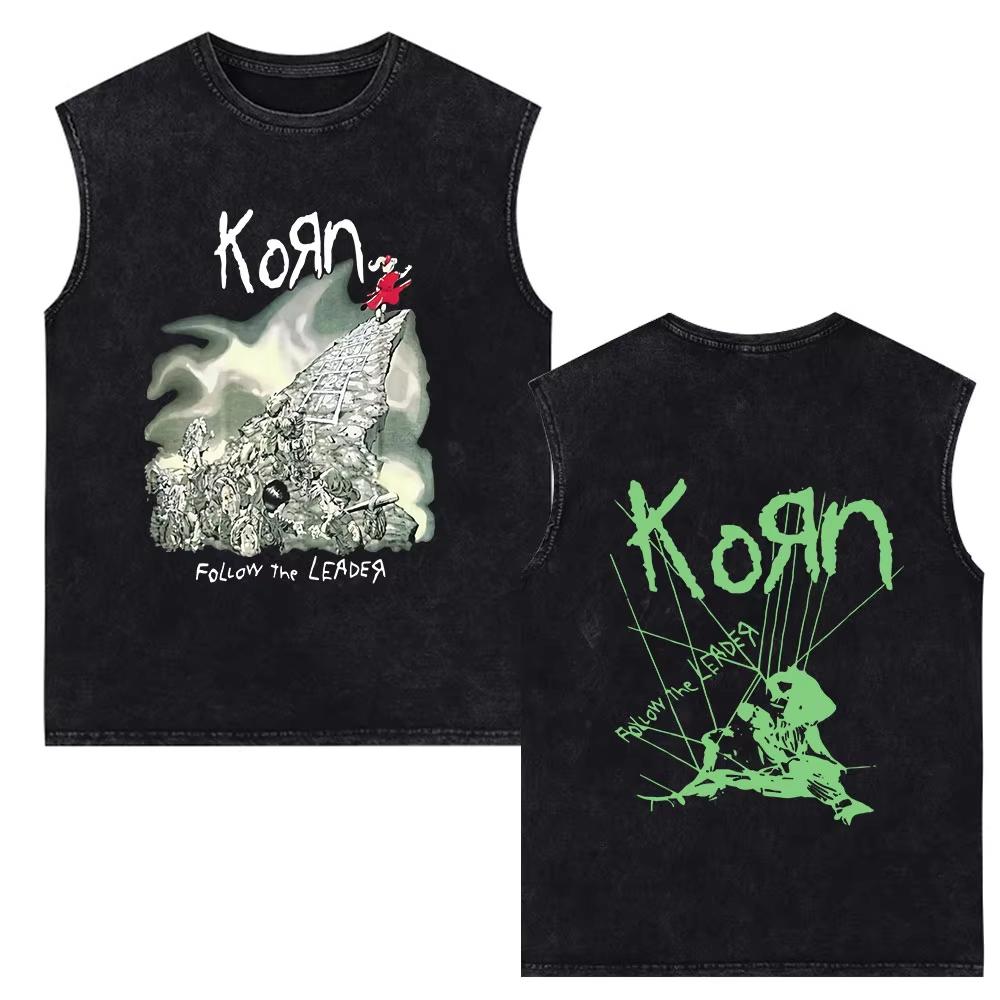 Korn Rock Band Vintage Washed Tank Tops Men's Fashion Metal Gothic Sleeveless Vest Cotton Oversized T-shirts Gym Clothing