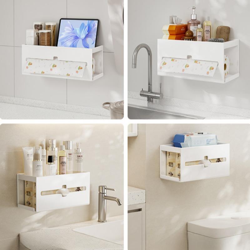 Kitchen Tissue Box Multifunction Punch-Free Wall Mount Spice Shelf Toilet Paper Phone Rack Roll Paper Removable Tissue Universal