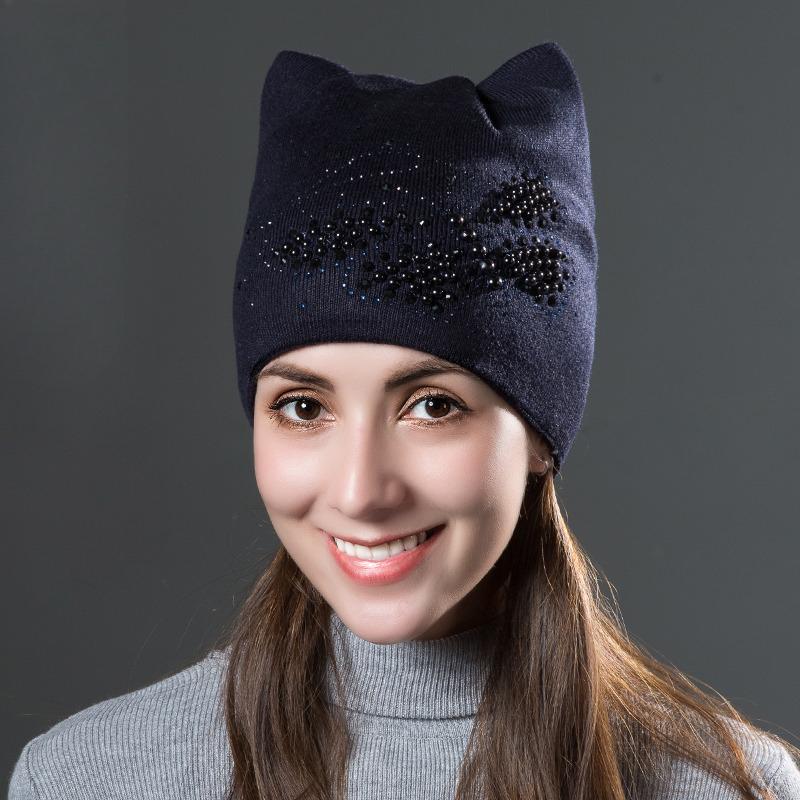 Pălării calde din catifea tricotate de iarnă, urechi de pisică drăguță, cu fluture, șepci, șepci de modă pentru femei, pălărie casual pentru femei