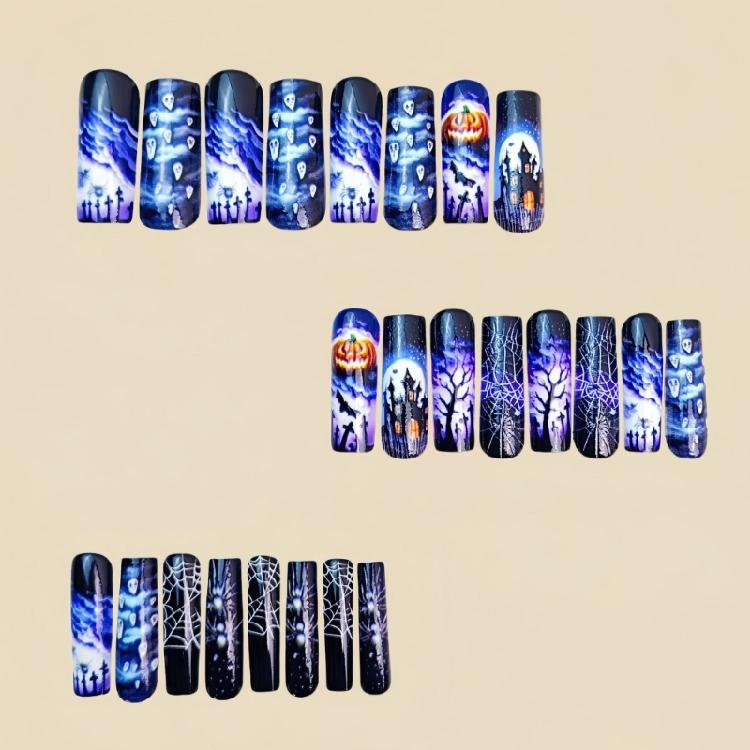 24 Pieces Halloween Coffin Fake Nail Purple Bat Pumpkin Design Durability Nail For Women Party Costume Accessories