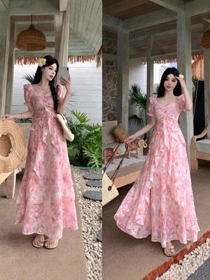 Plus Size Chiffon Ruffled Hem Waist-Cinched Long Dress