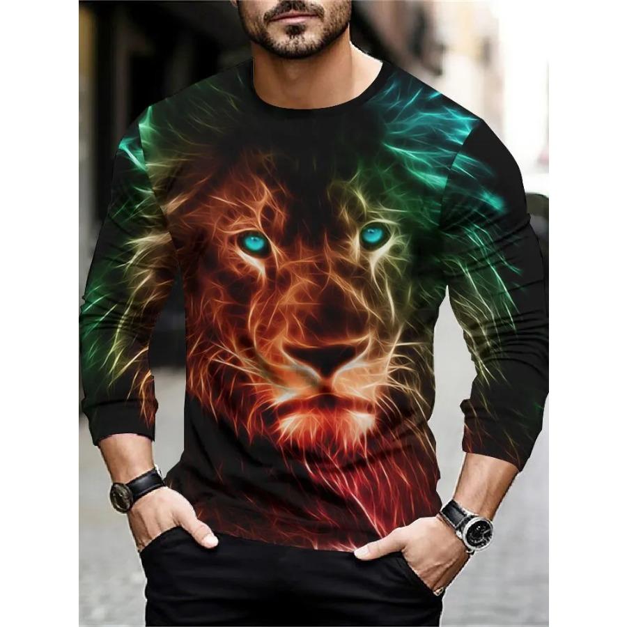 T Shirt for Mens Wolf Pattern Print Long Sleeve Leisure 3D Polyester Man's T-shirts