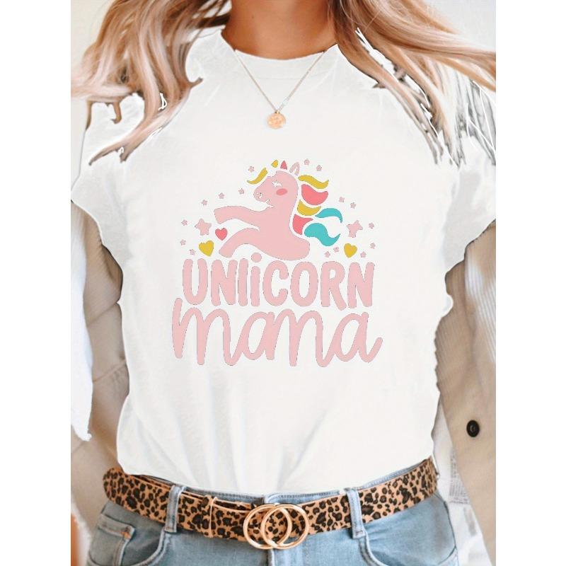 

European Size Casual Short-Sleeve Crew Neck T-Shirt Featuring Unicorn Mama Typography, Perfect for Spring And Summer, Designed for Women. S белый