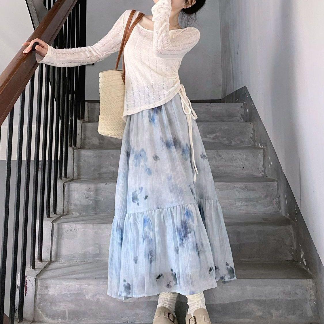 

French Style Tie-Dye Knit Top & Skirt Set for Women L (Recommended 55-60 kg)