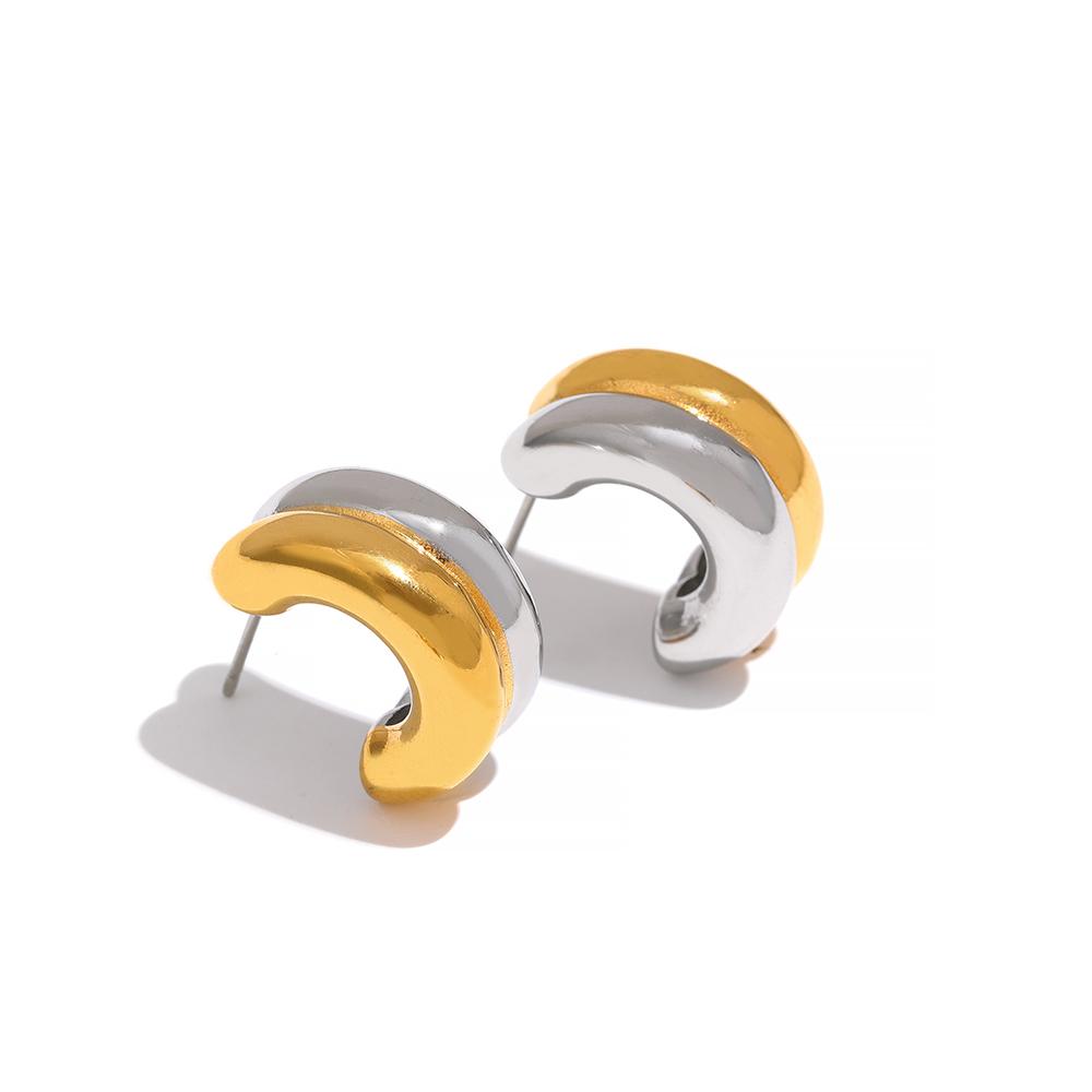 Yhpup New Minimalist Gold Silver Double Color Stainless Steel Thick Charm Stud Earrings Tarnish Free Fashion Temperament Jewelry