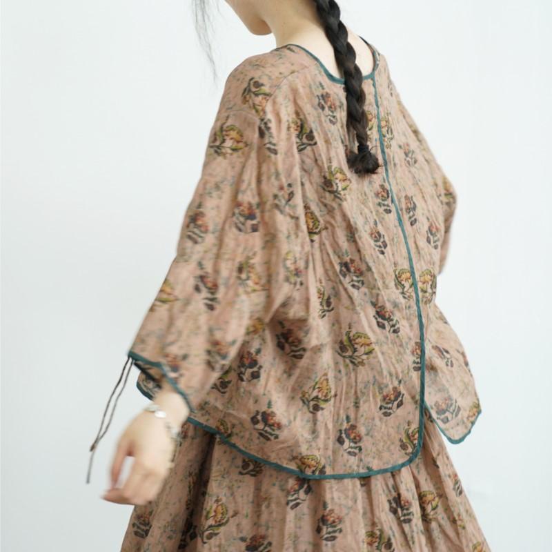 Johnature Women Vintage Shirts Tops V-Neck Nine Sleeve Blouses Summer Chinese Style Single Button Shirts