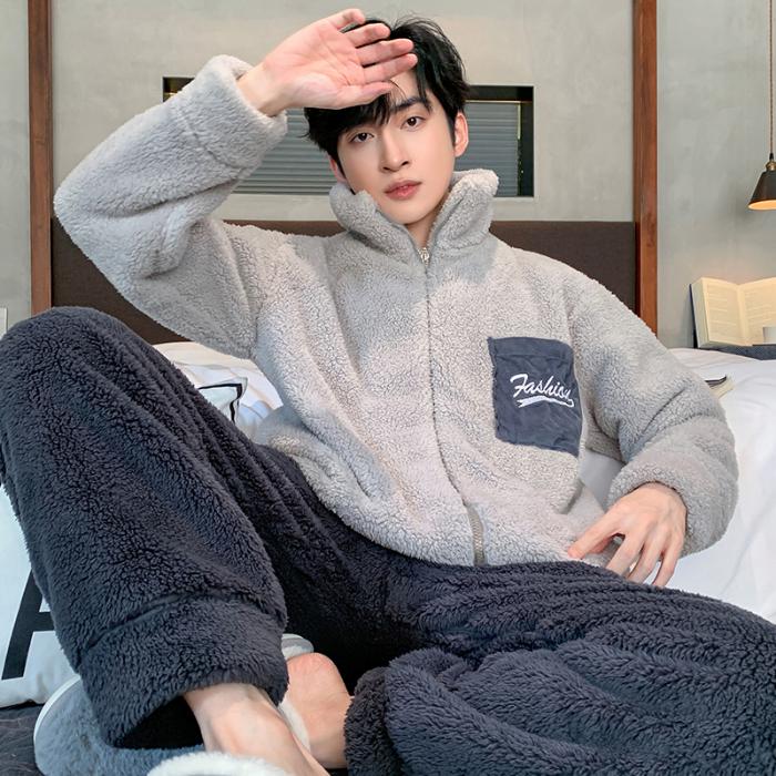 Pyjama en molleton de corail pour homme, ensemble de vêtements de nuit chauds en flanelle épaisse, surdimensionné, fermeture éclair, doux, mode, solide, pour la maison, automne et hiver
