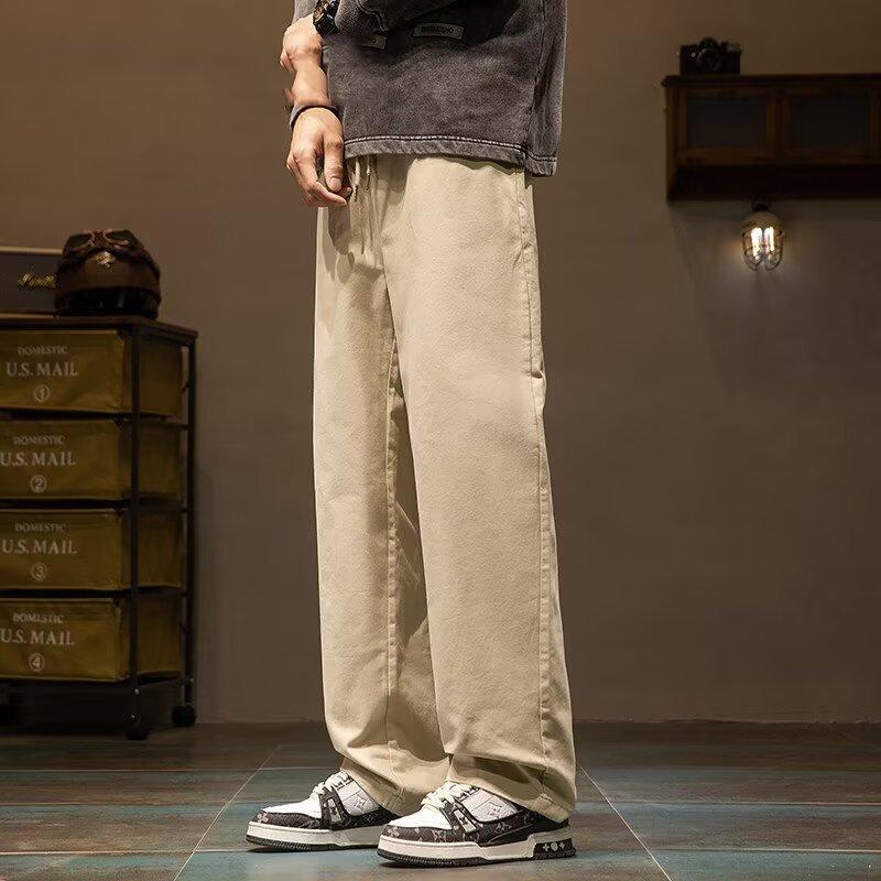 American drawstring sweatpants men's wide-leg loose multi-pocket design versatile casual simple straight trousers