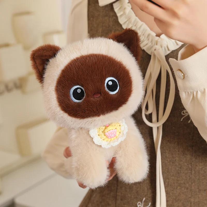 Adorable Fluffy Cat Stuffed Plush Toy Soft Kitten Doll With Cake Bib Calico Black Siamese Birthday Gift For Girl