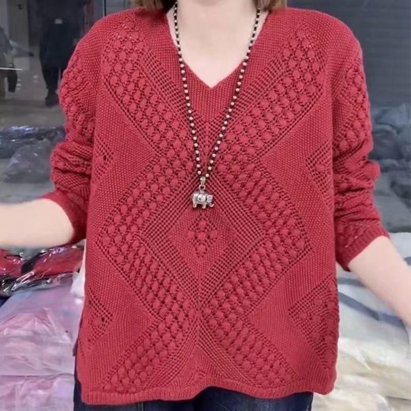 Women's Long Sleeved V-neck Knitted Sweater Loose Korean Fashion Hollow Out Knitted Sweater Top