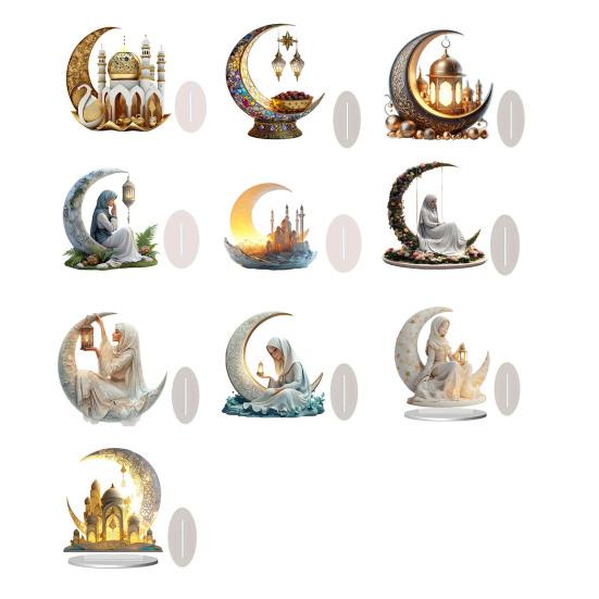 Yousheng Eid Mubarak Acrylic Ornament 2D Crescent Moon Lantern Tabletop Centerpiece Ramadan Mubarak Sign for Home Islamic Party Supplies Eid Gifts