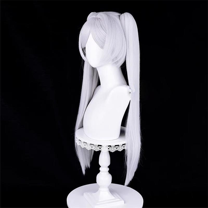 Frieren Cosplay Peruk Lång Silver Vit Dubbelklämma Hästsvansar Värmebeständigt Hår Halloween Party Rollspel Anime Peruker + Perukmössa