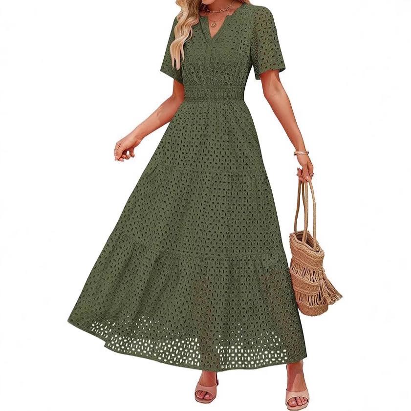 Damen V-Ausschnitt Spitze Kurzarm Maxi Kleid mit ausgestelltem Saum, Erhältlich in mehreren Farben