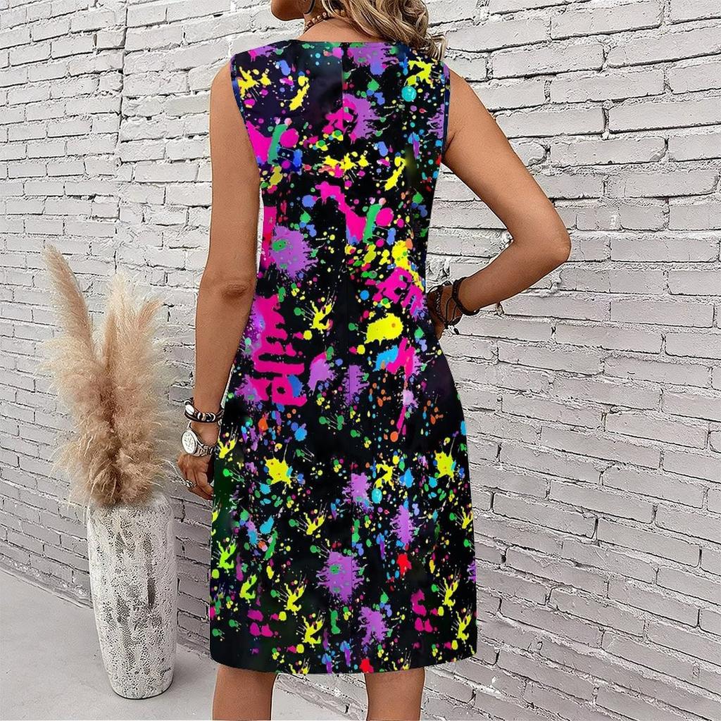 Plus Size V Neck Sleeveless Dress Deep Forest Brook Ink Painting Print For Wilderness Walking Trip