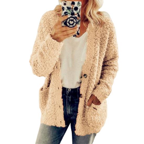 Damen Pullover Mantel Langarm Kragenlos Strickjacke mit Taschen Locker Geschnitten Uni