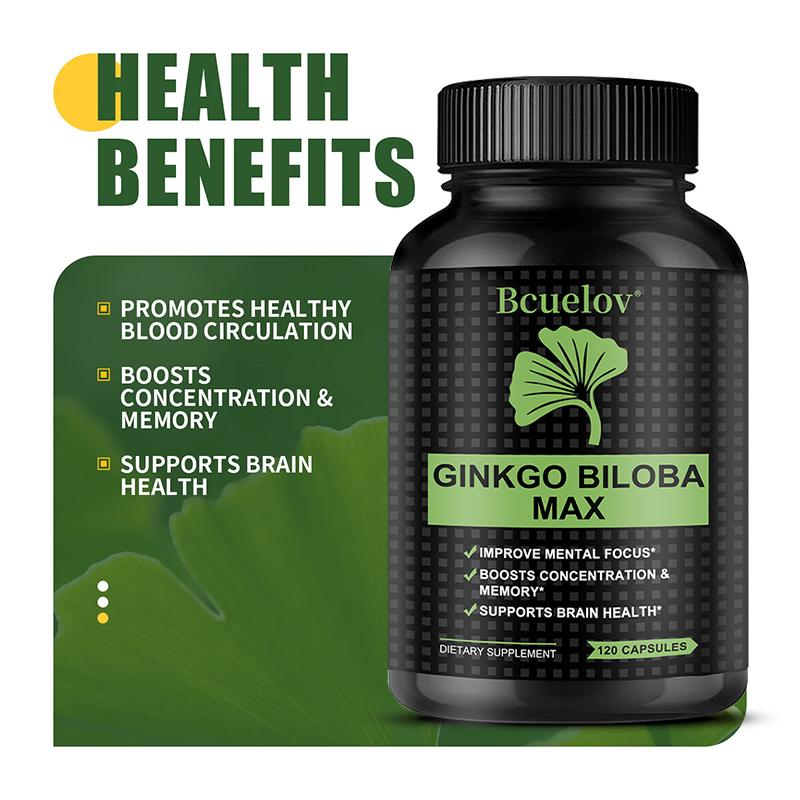 Bcuelov Ginkgo Leaf MAX Capsules with Ginkgo Leaf Boosting Focus and Memory Support 120 Vegetarian Capsules