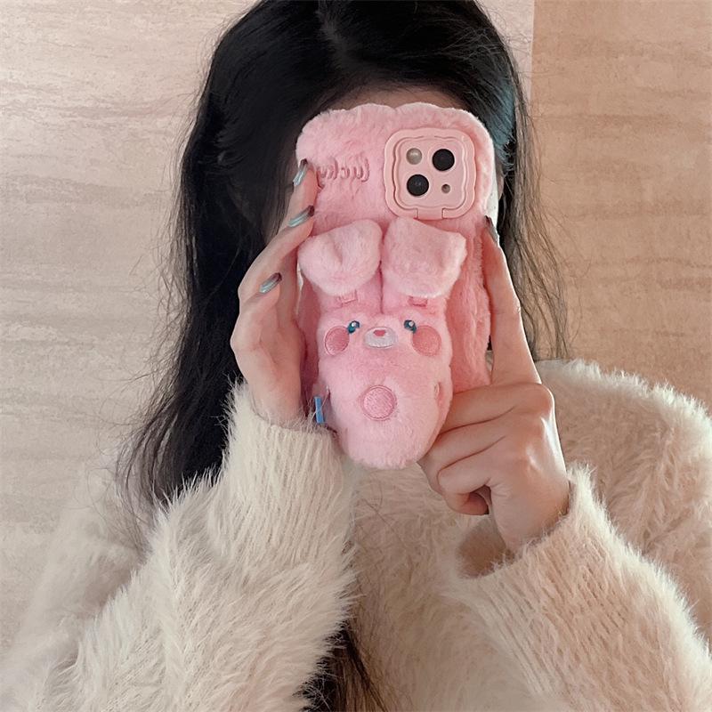 Husă de pluș cu desen animat pentru telefon Apple 15 Promax cu design drăguț de iepuraș și suport anti-cădere