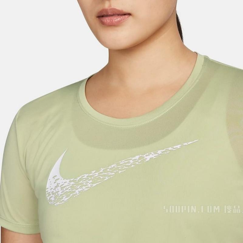 Nike Swoosh Run Split Logo Quick-Dry Short Sleeve T-Shirt Women Tops Light-Olive-Green DM7778-371