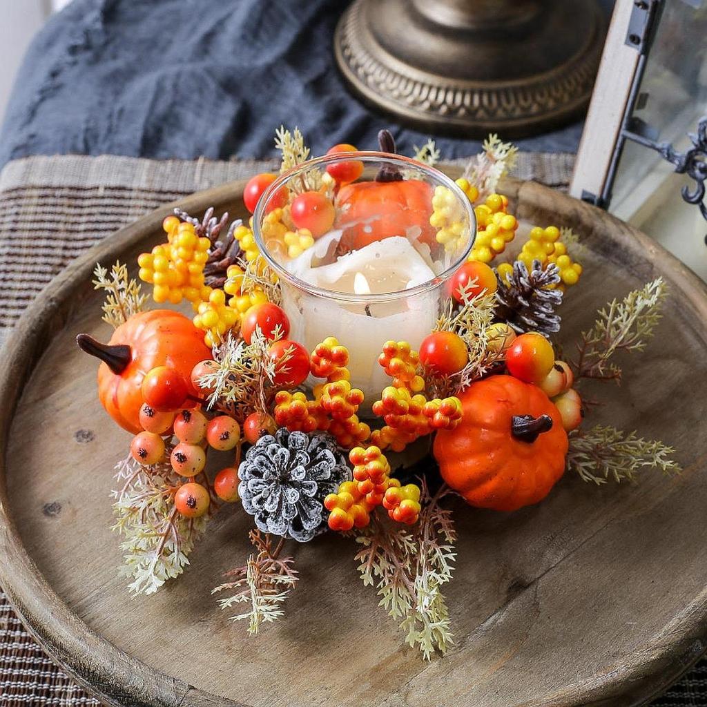 Candle Ring Artificial Wreath Pumpkin Decorative Home Decor Centerpieces Harvest Wreath Farmhouse Holiday Tabletop Living Room