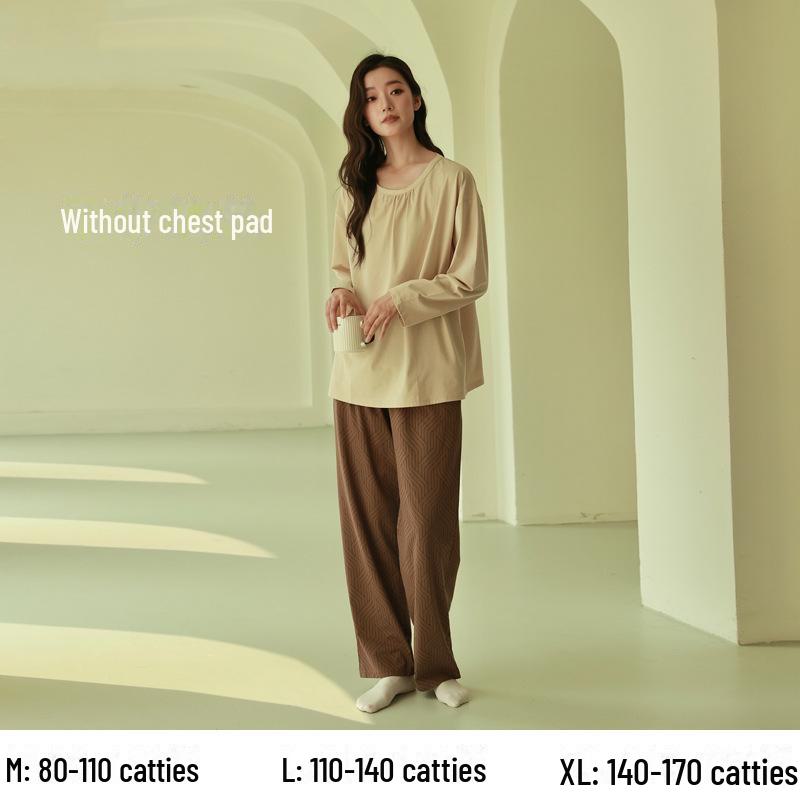 Women's Pure Cotton Long-Sleeve Pajama Set with Chest Pads - Large Size, Spring/Autumn 2025