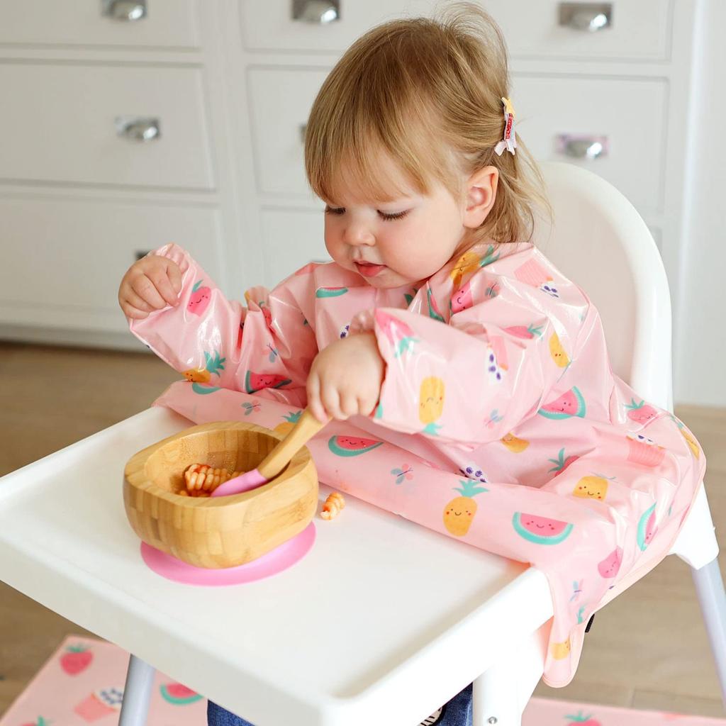 Meal Apron Machine Washable Baby Food Meal Apron Wipe Easy Coverall Long Sleeve Bib Table Cloth Pink Yami Treat [Bibetta]