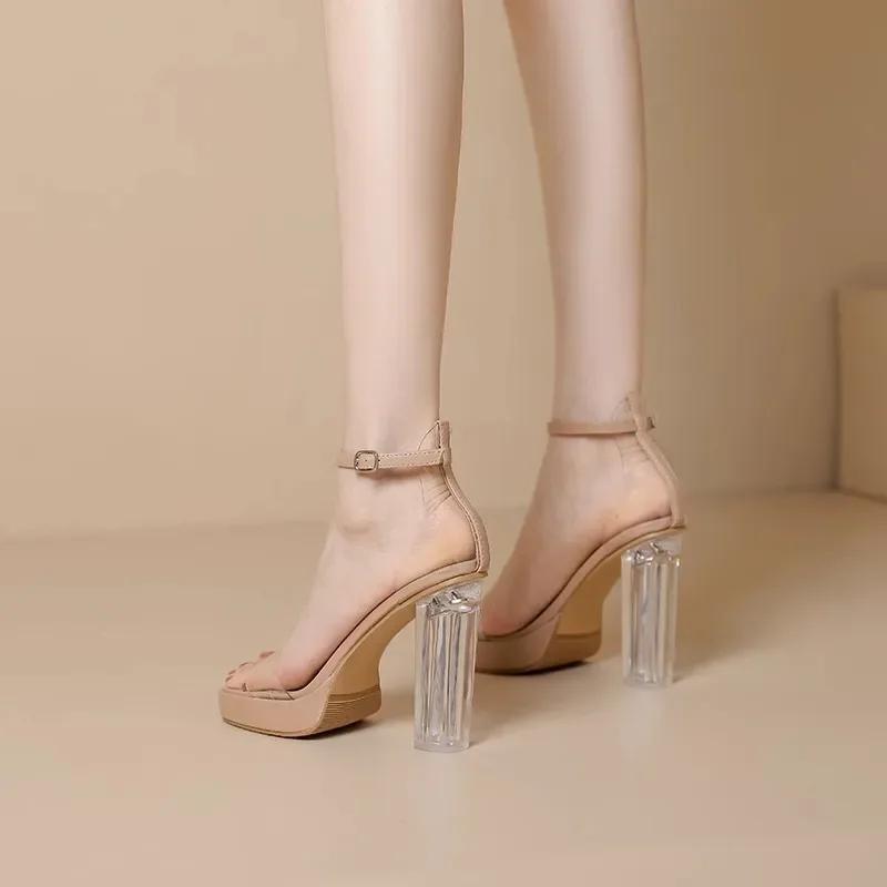 11CM Summer Ankle Buckle Strap Open Toe CRYSTAL Transparen Platform Square Heels Women's Sandals Nightclub Shoes