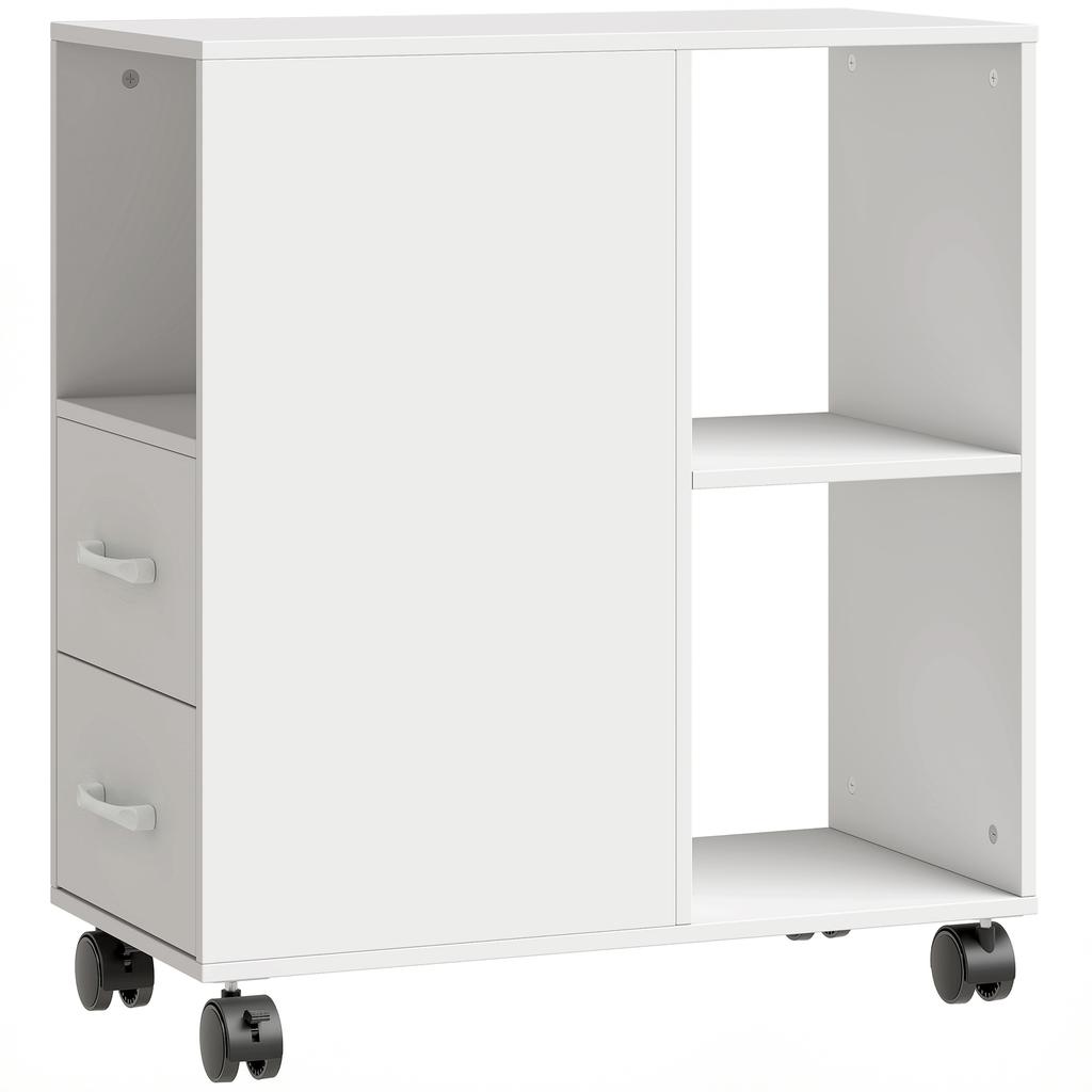 Printer Stand, Rolling Storage Unit, Drawers, Adjustable Shelf, Open Compartment, White