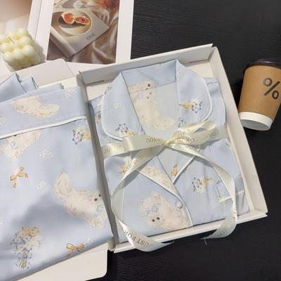 Conjunto de Pijama Feminino de Seda Gelada - Cardigã de Manga Longa para Primavera/Outono, Design de Estampa Doce, Usável ao Ar Livre