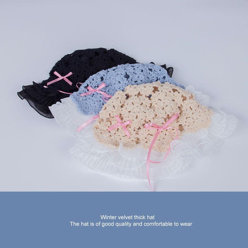 Japanese Sweet Hand Knitted Bow Lace Fisherman Hat Women Summer Literary Retro Hollow Knitted Pot Hat
