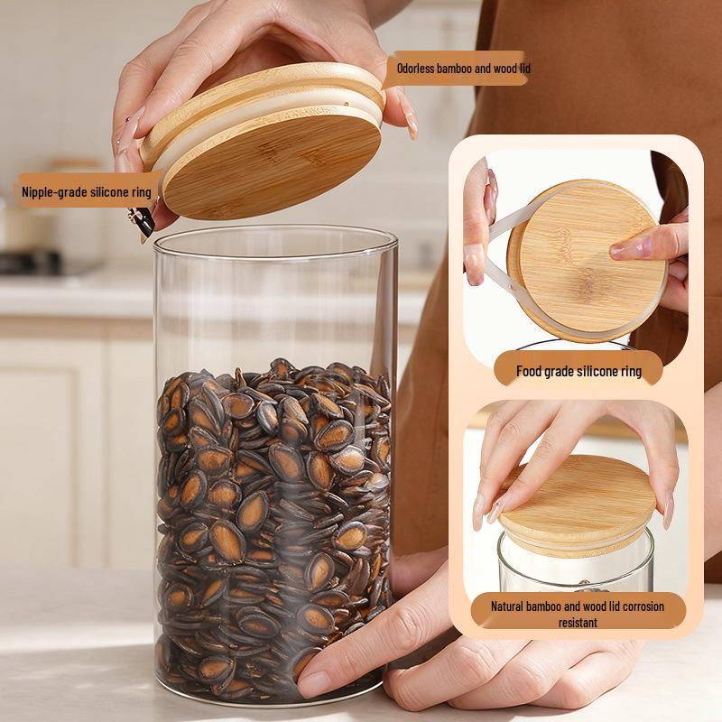 High Borosilicate Glass Kitchen Storage Jar with Bamboo Lid - Moisture-Proof and Transparent Tea & Grain Container