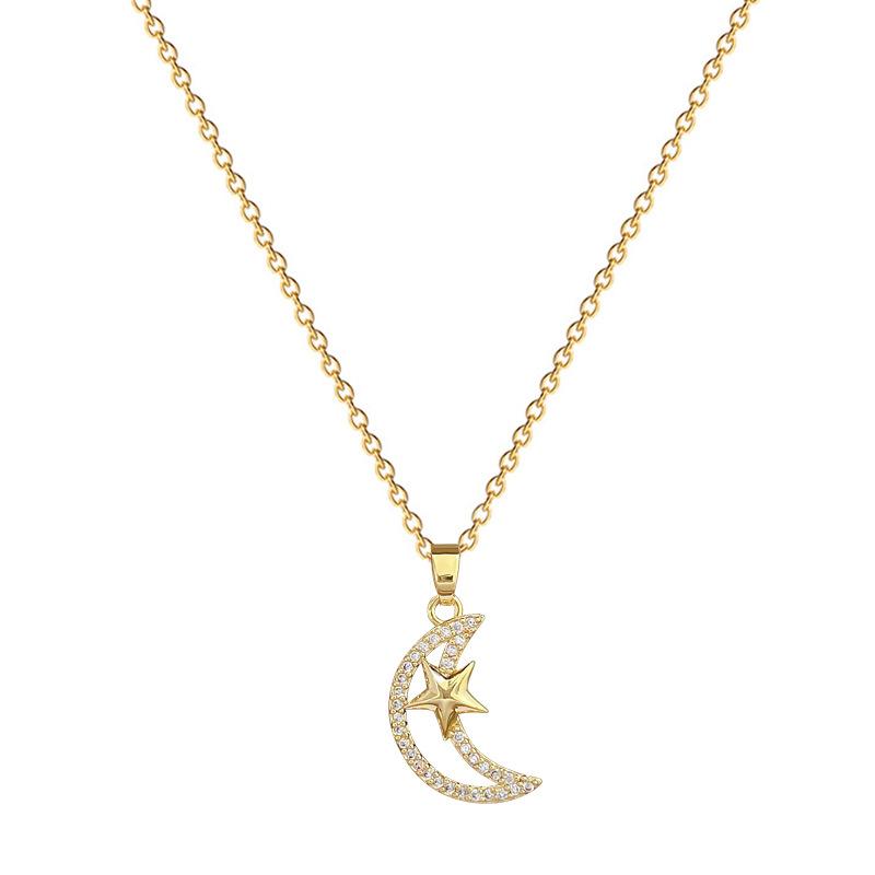 Titanium Steel Star Moon Full Diamond Light Luxury Temperament Gorgeous Full Diamond Necklace Female Versatile Collarbone Chain Titanium Steel Chain