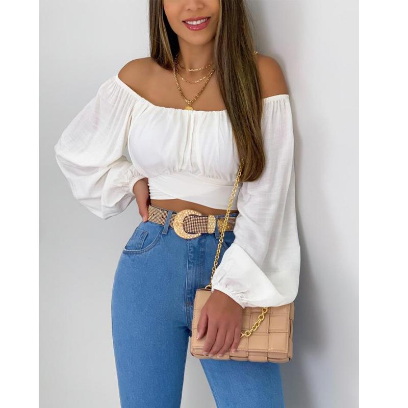 European & American Women's Off-the-Shoulder Lantern Sleeve Crop Top with Lace-Up Design