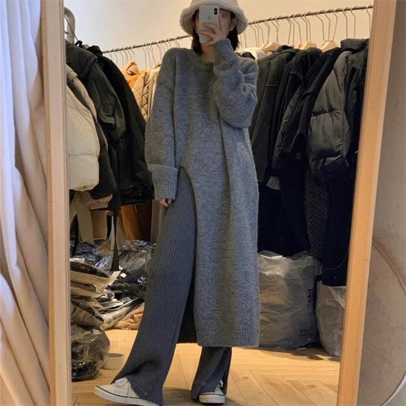 Lazy Wind Crew Neck Pullover Sweater Skirt Women's Loose Over Knee Long Side Split Knitted Sweater Dress Top