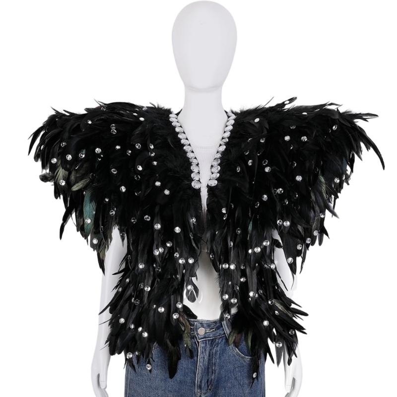 

Victorian Gothic Feather Cape Shawl For Women Sparkling Rhinestones Embellished Cloak Shrug Cosplay Party Wear Accessory 1