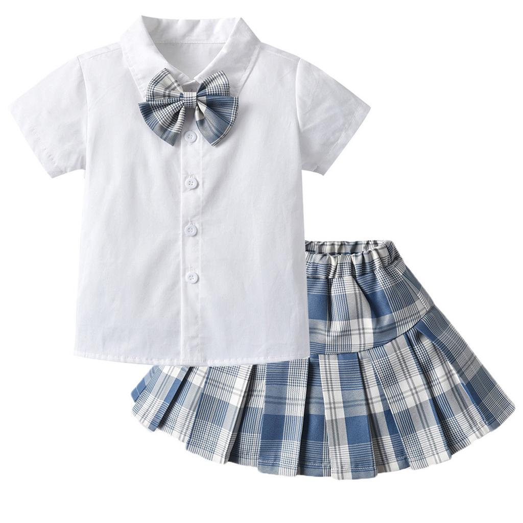 Toddler Kids Baby Girls  Tops Shirt Plaid Pleated Skirts Set Outfits