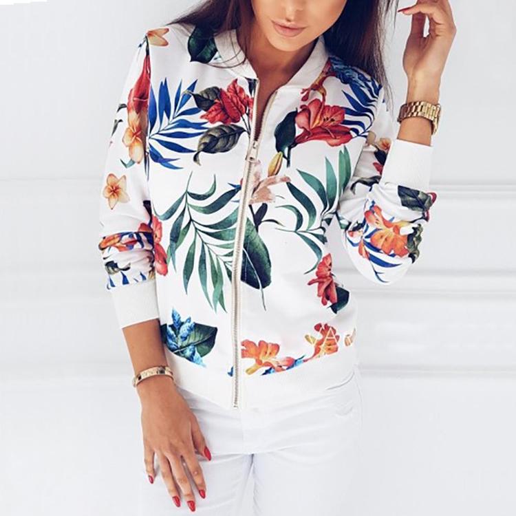

Spring Women Crop Jacket Vintage Floral Print Zipper Bomber Jackets Coat Female Biker Outwear 3XL білий