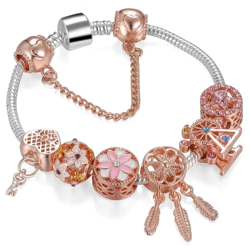 Mode Antik Silber Überzogene Pa Armbänder & Armreifen Kristall Herz Charme Perlen Armband für Frauen DIY Original Schmuck Geschenk