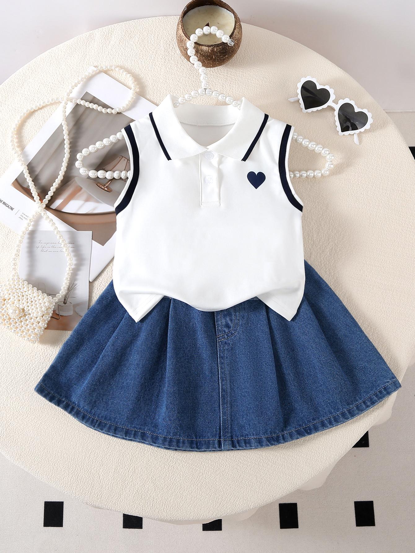 

Girls Two-Piece Summer Outfit: Sleeveless Polo Top with Black & White Color-Blocking and Heart Accents, Paired with a Blue Pleated Denim Skirt 7Y різнокольоровий