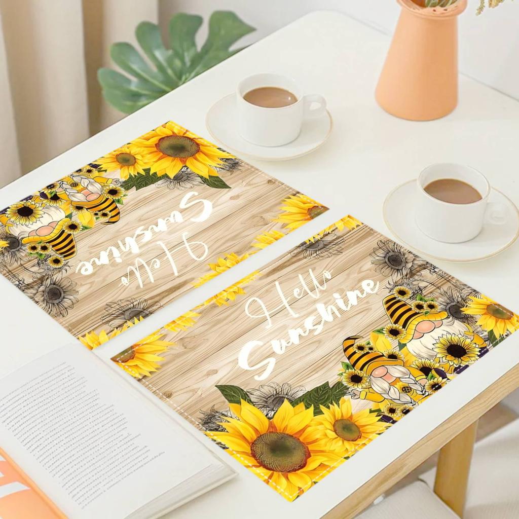 4pcs/1 Set Linen Placemats, Sunflower and Gnome Design Placemats, Table Decor, Home Decor,Party Catering Decor, Holiday Placemats,12x18 Inch Placemats