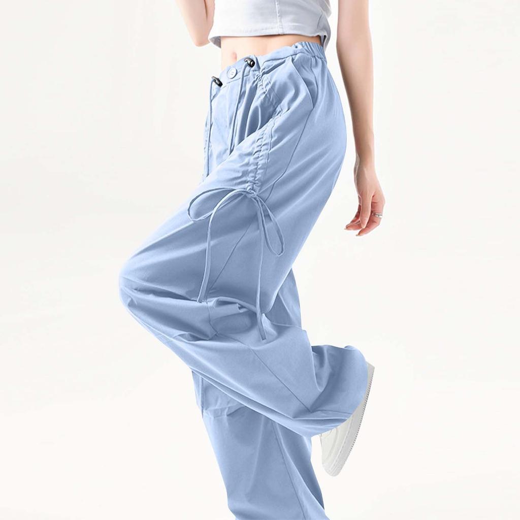 Women Elastic High Waist Pant Casual Fit Wide Leg Long Pants Trousers With Pockets