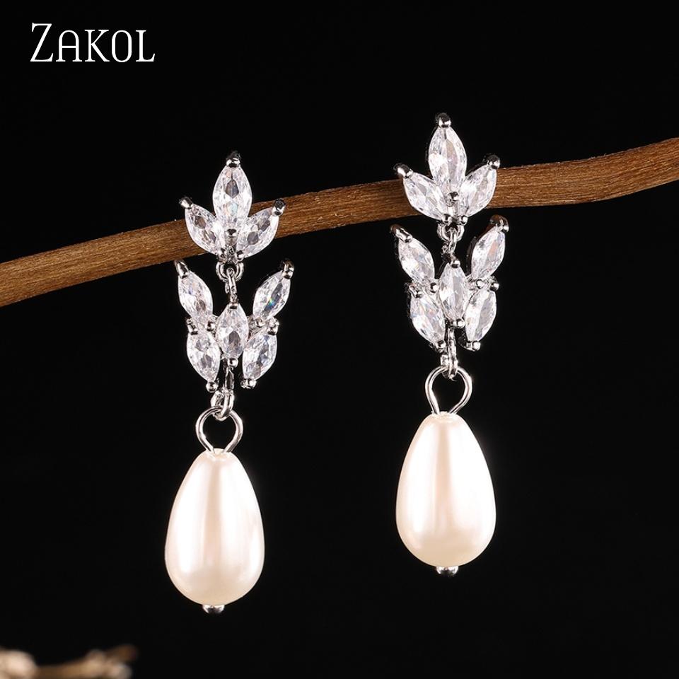 ZAKOL Classic Imitation Pearl Leaf Shaped Women's Dangle Earrings Inlaid Zircon Elegant Simple Bridal Wedding Jewelry Female